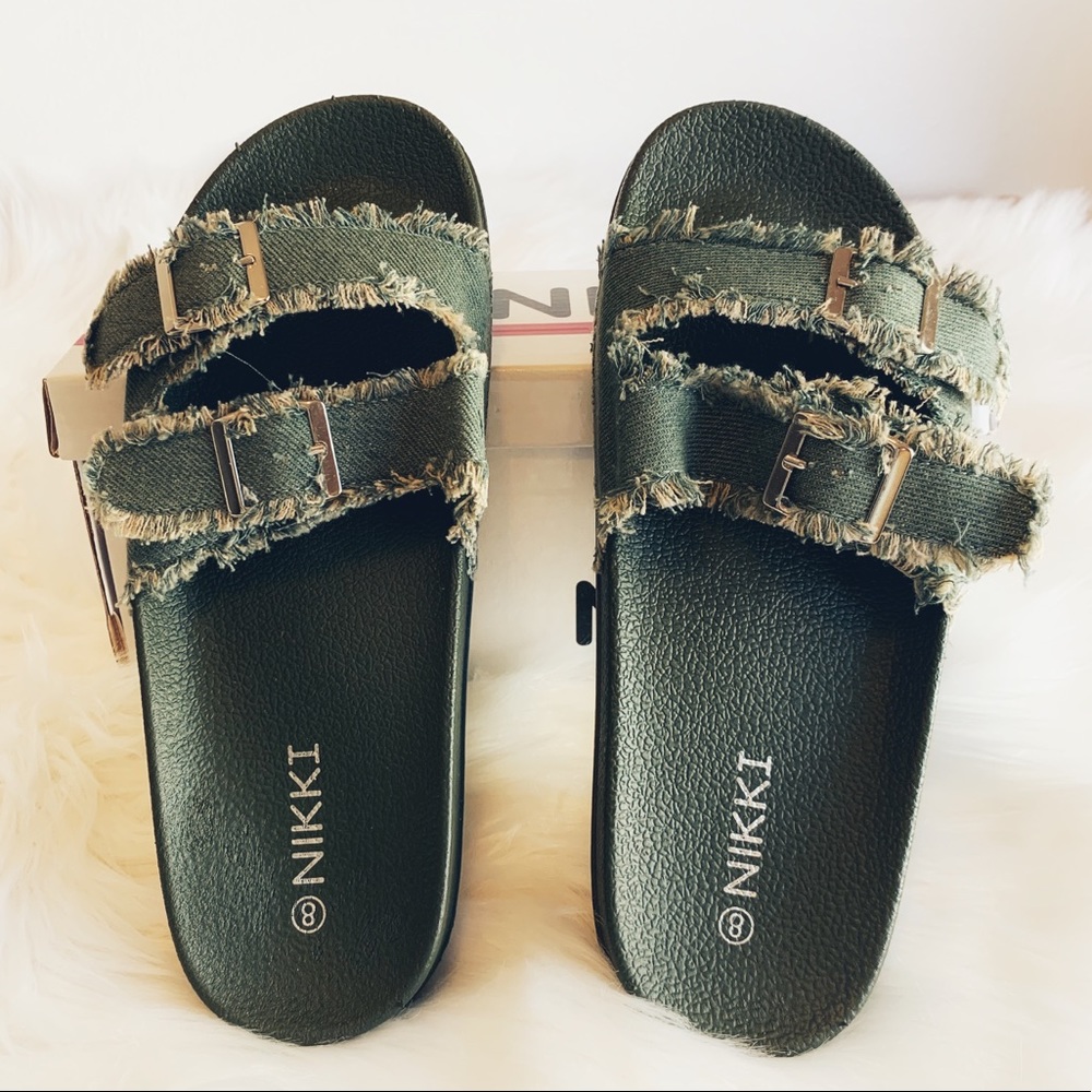 NIB Green Denim Double Buckle Slide Sandals | Women’s | Nikki | Frayed Strap